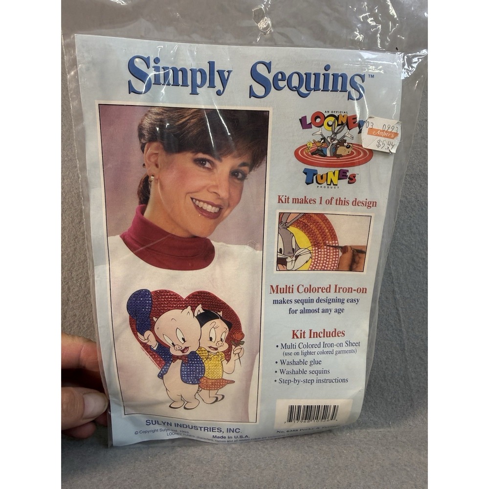 Vintage Simply Sequins Looney Tunes Iron-on Sequin Kit No 6258 Porky & Petunia